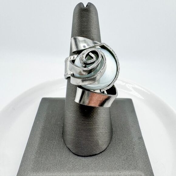 Vintage Swirl Fork Ring Iridescent Stone Handmade Unique Artisan Statement - Picture 7 of 10